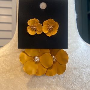 Ochre Imitation Pearl & Goldtone Floral Drop Earrings